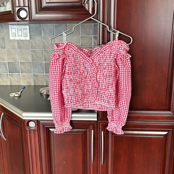 ZARA red/white stretch gingham smocked top size small - Picture 7 of 11